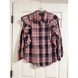 Jessica Simpson Women's Plaid Button Shirt with ruffle sleeves Pink/Purple L